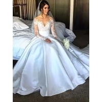 Ball Gown Long Sleeves Satin Court Train Wedding Dresses