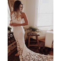 Trumpet/Mermaid Halter Sleeveless Lace Chapel Train Wedding Dresses