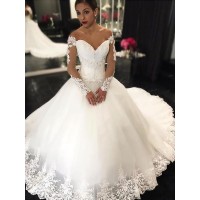Ball Gown Applique Sleeveless Tulle Off-the-Shoulder Court Train Wedding Dresses