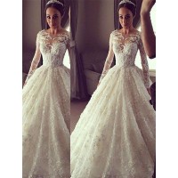Ball Gown Long Sleeves Scoop Court Train Lace Wedding Dresses
