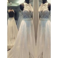 A-Line/Princess Sweep/Brush Train Chiffon Scoop Sleeveless Wedding Dresses