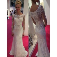 Sheath/Column Scoop Long Sleeves Lace Chiffon Sweep/Brush Train Wedding Dresses