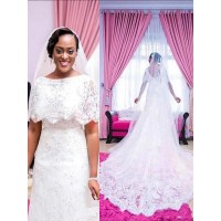 A-Line/Princess Short Sleeves Scoop Lace Court Train Wedding Dresses