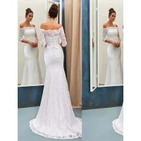 Trumpet/Mermaid Off-the-Shoulder Sweep/Brush Train Lace Long Sleeves Wedding Dresses