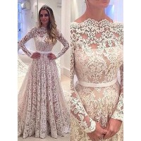A-Line/Princess Bateau Long Sleeves Lace Court Train Wedding Dresses
