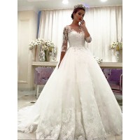 Ball Gown Tulle 3/4 Sleeves Bateau Lace Court Train Wedding Dresses