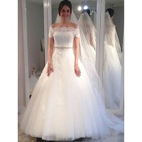 Ball Gown Off-the-Shoulder Short Sleeves Tulle Sweep/Brush Train Wedding Dresses