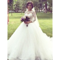 Ball Gown Tulle Long Sleeves Bateau Court Train Wedding Dresses