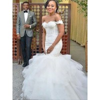 Trumpet/Mermaid Organza Sleeveless Off-the-Shoulder Sweep/Brush Train Wedding Dresses