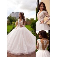 Ball Gown V-neck Tulle Long Sleeves Court Train Wedding Dresses