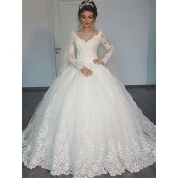 Ball Gown Long Sleeves Court Train V-neck Tulle Wedding Dresses