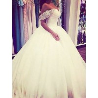 Ball Gown Tulle Off-the-Shoulder Sweep/Brush Train Sleeveless Beading Wedding Dresses