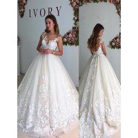 A-Line/Princess V-neck Court Train Tulle Sleeveless Wedding Dresses