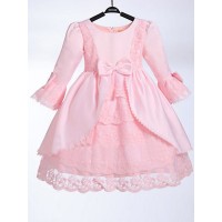 A-line/Princess Scoop 3/4 Sleeves Bowknot Long Satin Flower Girl Dresses