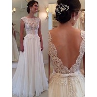 A-Line/Princess Scoop Sleeveless Applique Sweep/Brush Train Chiffon Dresses