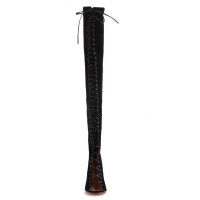 Women's Stiletto Heel Peep Toe Suede Lace-up Over The Knee Black Boots