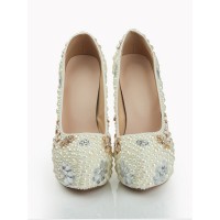 Women's Stiletto Heel Patent Leather Closed Toe Platform With Pearl White Wedding Shoes