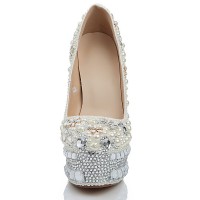 Women's Stiletto Heel Platform Patent Leather Closed Toe With Pearl White Wedding Shoes
