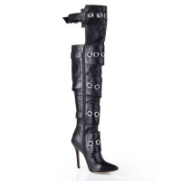 Women's Cattlehide Leather Stiletto Heel With Buckle Knee High Black Boots