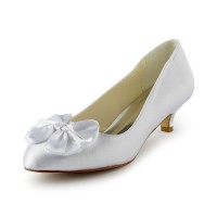 Women's Satin Kitten Heel Pumps With Bowknot White Wedding Shoes