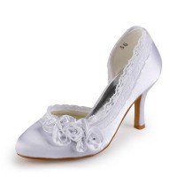 Women's Satin Stiletto Heel Closed Toe White Wedding Shoes With Rhinestone