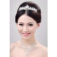 Very Charming Alloy Clear Crystals Pearls Wedding Headpieces Necklaces Earrings Set
