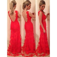 Trumpet/Mermaid V-neck Applique Sleeveless Lace Backless Floor-length Dress