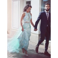 A-Line/Princess Halter Sleeveless Sweep/Brush Train Lace Tulle Two Piece Dresses