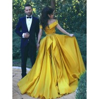 A-Line/Princess Off-the-Shoulder Sleeveless Sweep/Brush Train Beading Satin Chiffon Dresses