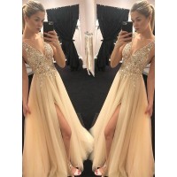A-Line/Princess V-neck Sleeveless Floor-Length Beading Tulle Dresses