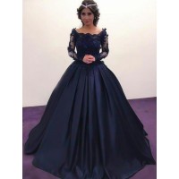Ball Gown Bateau Long Sleeves Sweep/Brush Train Applique Satin Dresses
