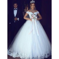 Ball Gown Off-the-Shoulder Sleeveless Floor-Length Lace Tulle Wedding Dresses