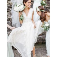 A-Line/Princess V-neck Sleeveless Floor-Length Ruffles Chiffon Wedding Dresses