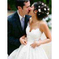 A-Line/Princess Spaghetti Straps Sleeveless Floor-Length Lace Satin Wedding Dresses