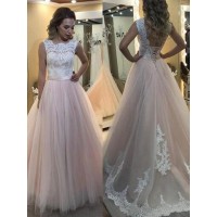 A-Line/Princess Bateau Sleeveless Sweep/Brush Train Lace Tulle Dresses