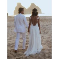 A-Line/Princess Spaghetti Straps Sleeveless Sweep/Brush Train Lace Chiffon Wedding Dresses
