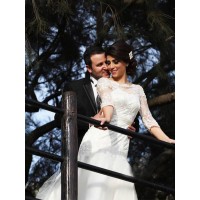 Trumpet/Mermaid Bateau 1/2 Sleeves Floor-Length Lace Tulle Wedding Dresses