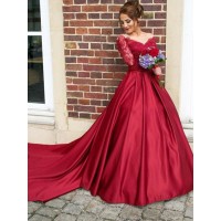 A-Line/Princess V-neck Long Sleeves Sweep/Brush Train Lace Satin Dresses