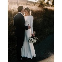 Sheath/Column Jewel Long Sleeves Floor-Length Ruffles Elastic Woven Satin Wedding Dresses