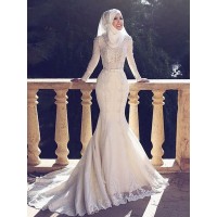 Trumpet/Mermaid Jewel Long Sleeves Sweep/Brush Train Lace Tulle Wedding Dresses