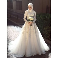 Ball Gown Jewel Long Sleeves Sweep/Brush Train Applique Tulle Wedding Dresses