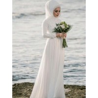 A-Line/Princess Jewel Long Sleeves Floor-Length Applique Chiffon Wedding Dresses
