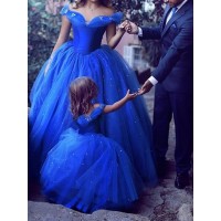 Ball Gown Off-the-Shoulder Sleeveless Floor-Length Beading Tulle Dresses