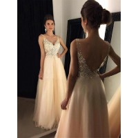 A-Line/Princess V-neck Sleeveless Floor-Length Applique Tulle Dresses