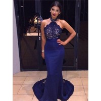 Sheath/Column Halter Sleeveless Sweep/Brush Train Lace Satin Dresses