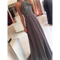 A-Line/Princess Halter Sleeveless Sweep/Brush Train Beading Chiffon Dresses