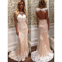 Sheath/Column Scoop Sleeveless Sweep/Brush Train Applique Tulle Dresses